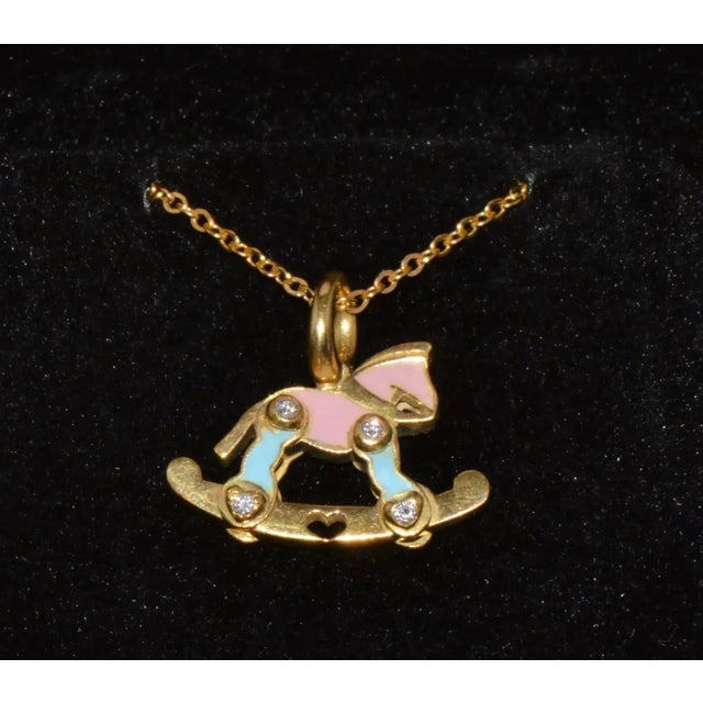 Children's Designer Aaron Basha Natural Diamond & Enamel Solid 18k Gold Rocking Horse Charm Pendant For Sale - Image 3 of 11