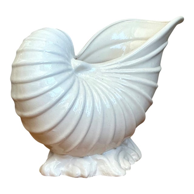 Vintage White Nautilus Form Ceramic Vase For Sale