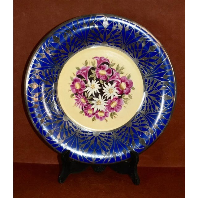 Vtg. Colbalt Blue, Floral Bouquet W/Silver Overlay Plate Made in Germany For Sale - Image 9 of 13