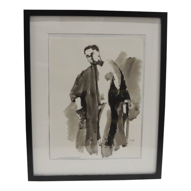 Vintage Black & White Water Color and Pencil Drawing of a Male For Sale