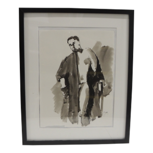 Vintage Black & White Water Color and Pencil Drawing of a Male