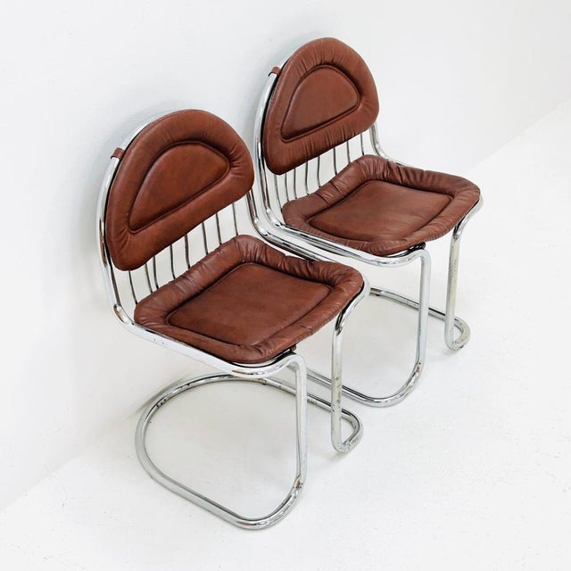 Animal Skin Mid-Century Tubular Chrome and Leather Cantilever Dining Chair, 1970s by Gastone Rinaldi For Sale - Image 7 of 9