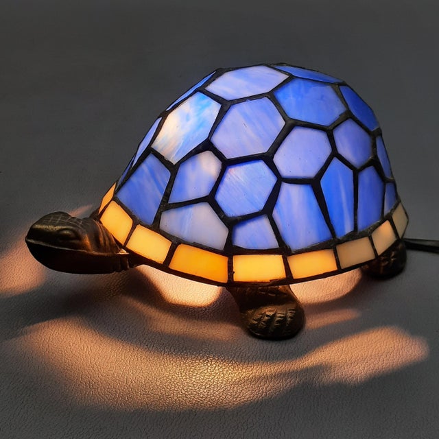 Metal Vintage Turtle Table Lamp in Blue Leaded Glass and Brass, 1970s For Sale - Image 7 of 12