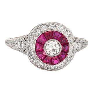 Vintage Art Deco Diamond Calibre Ruby Ring Sz 8.5 Platinum Engagement Jewelry For Sale
