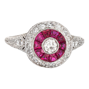 Vintage Art Deco Diamond Calibre Ruby Ring Sz 8.5 Platinum Engagement Jewelry