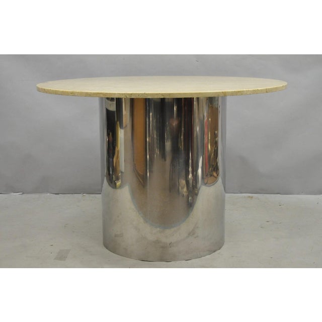 Vintage Mid Century Modern Round Cream Travertine Stone Top Chrome Steel Pedestal Base Dining Table after Pace. Circa Late...
