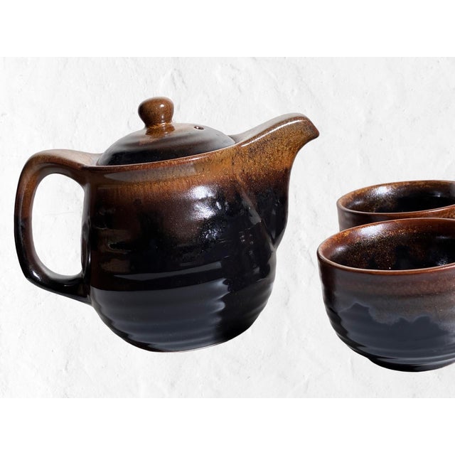 Vintage Japanese Stoneware Tea Service in Smoky Tenmoku Glaze — Set of 6 For Sale - Image 11 of 12