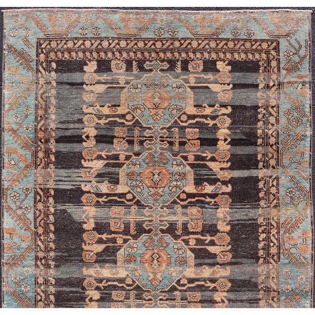Early 20th Century Antique Konya Oushak Rug With Geometric Medallions in Blue, Rust, and Ivory For Sale - Image 5 of 13