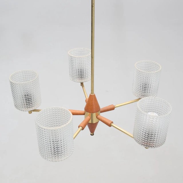 Mid-Century Modern 1960s Swedish Mid-Century Modern Teak, Brass and Pressed Crystal Five-Light Chandelier For Sale - Image 3 of 3