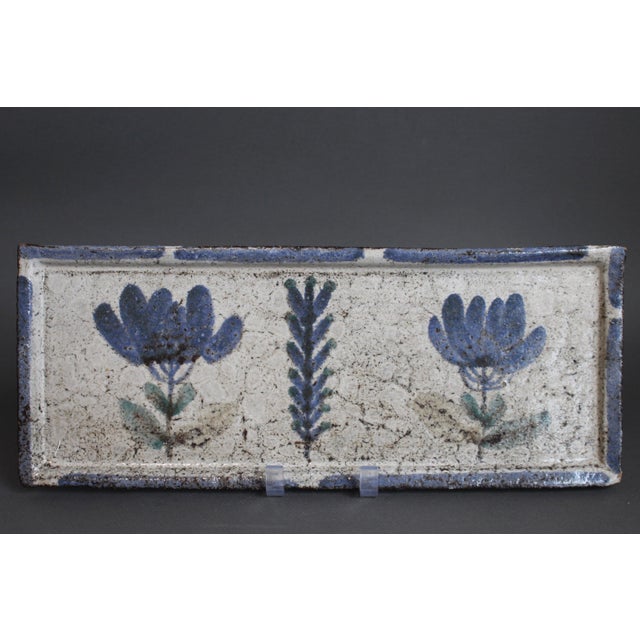 Mid-Century French ceramic tray by Gustave Reynaud for Le Mûrier (circa 1960s). Long, rectangular-shaped tray in rustic...