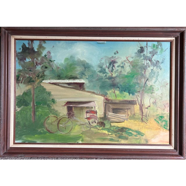 Impressionist Large Vintage Impressionist Oil Painting of a Farm For Sale - Image 3 of 6