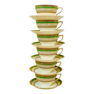 Antique English Bone China J & G Meakin Tea, Coffee Cup & Saucer, Westminster Pattern Featuring an Intricate Green & Gold Band on White- Set of 6 For Sale