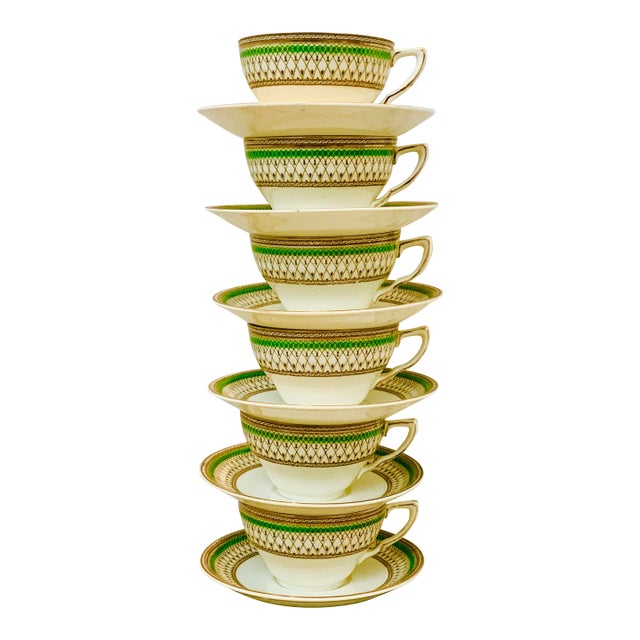 Antique English Bone China J & G Meakin Tea, Coffee Cup & Saucer, Westminster Pattern Featuring an Intricate Green & Gold Band on White- Set of 6 For Sale
