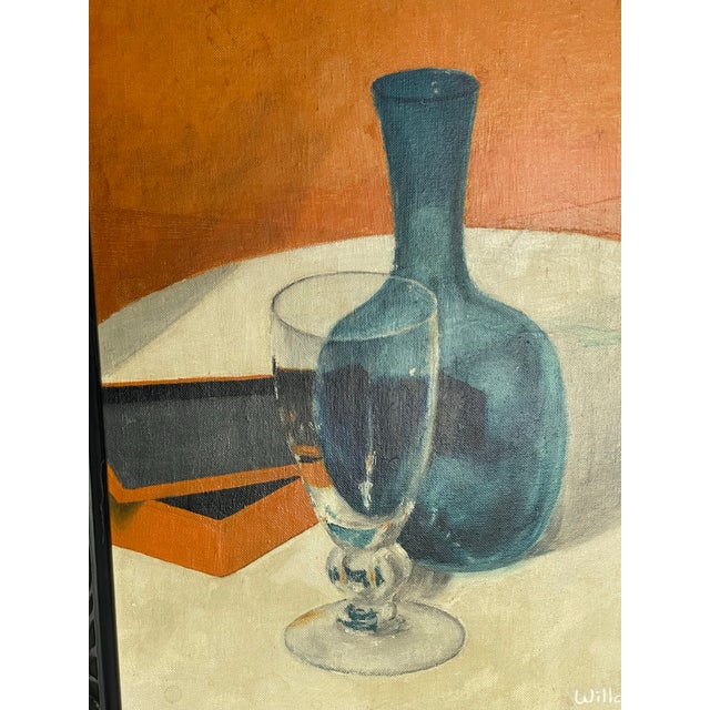 Mid-Century Modern 1961 Mid-Century Modern Still Life With Blue Glass Bottle, Signed For Sale - Image 3 of 12