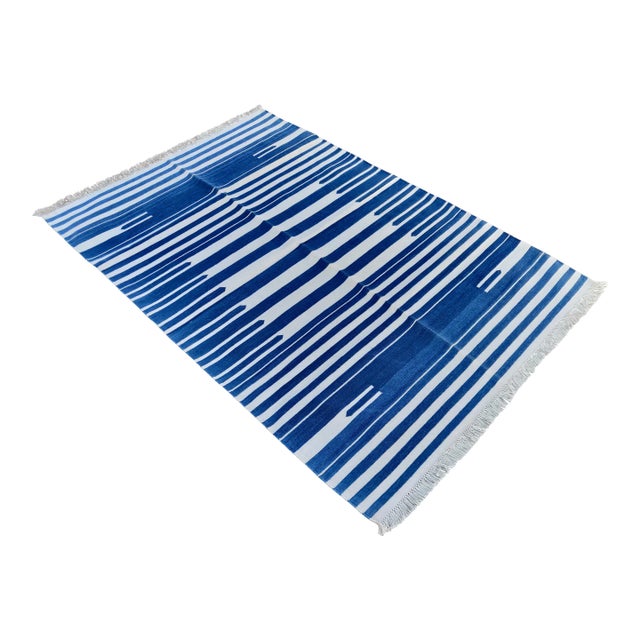 Handmade Cotton Natural Vegetable Dyed Flat Weave Reversible Blue and White Striped Rug - 8'x10' For Sale