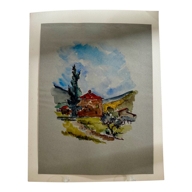 Henry Emil Salloch Original Watercolor on Paper Modernist Mediterranean Villa. For Sale