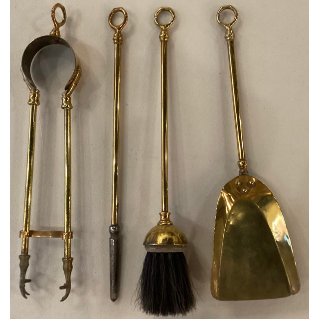 English Antique Peerage Brass Fireplace Tools. 4 Pieces Plus Stand For Sale - Image 3 of 3