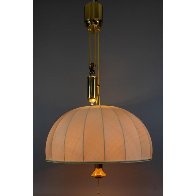 Large Brass and Fabric Lampshade Five-Light Adjustable Height Pendant Lamp, 1980s For Sale - Image 4 of 18