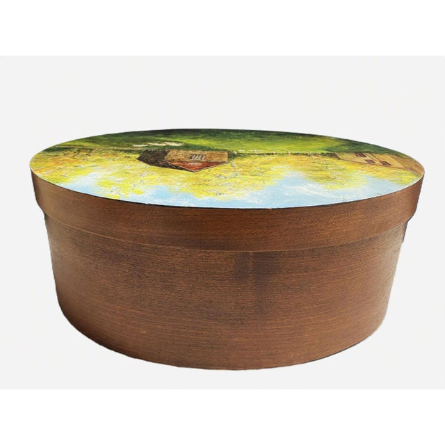 1980's Oval Bentwood Shaker Box, Folk Art Rural Scene, Artist Signed Inez, 11" For Sale - Image 11 of 17