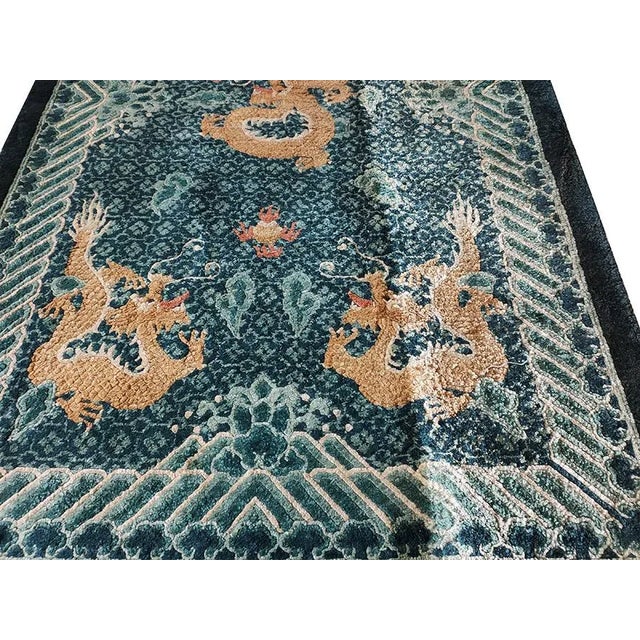 Chinese 1980s Blue Dragon Vintage Silk Chinese Carpet 3' X 5 Knotted Pile Wool Rug For Sale - Image 3 of 9