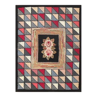 Nazmiyal Collection Floral and Geometric Antique American Hooked Area Rug For Sale