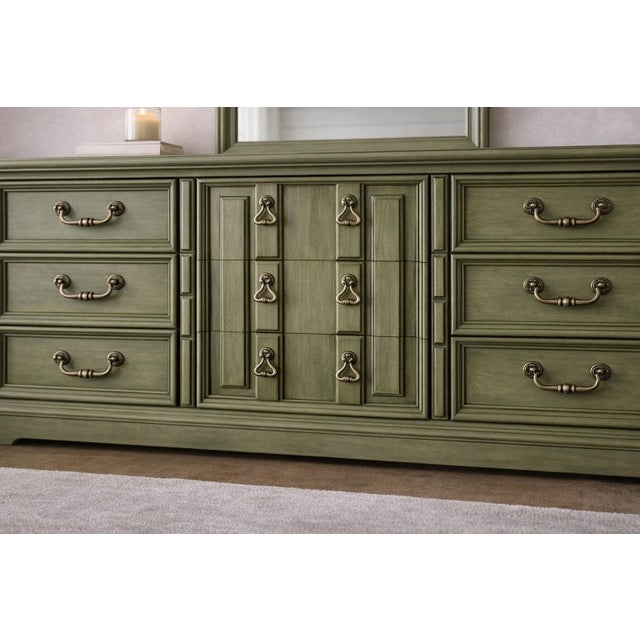 Vintage 70” Solid Wood Dresser & Mirror – Old Chapel Sagewood™ Finish – Olive Sage Green Designer Refinished Bedroom Piece For Sale - Image 4 of 7