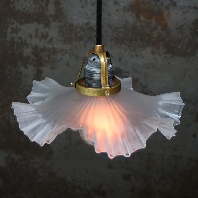 French Art Nouveau Frosted Glass Pendant Light, 1920s For Sale - Image 6 of 7