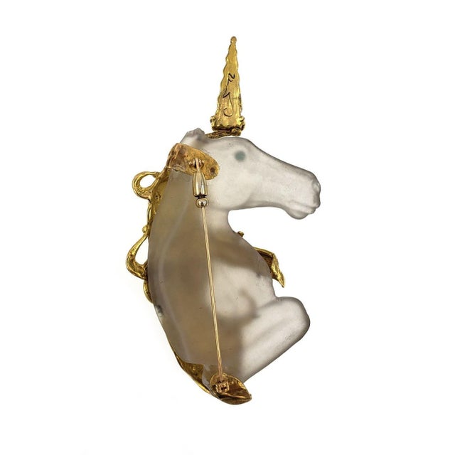 Late 20th Century Art Nouveau Camphor Glass Lapis Emerald 14k Gold Unicorn Brooch For Sale - Image 5 of 6