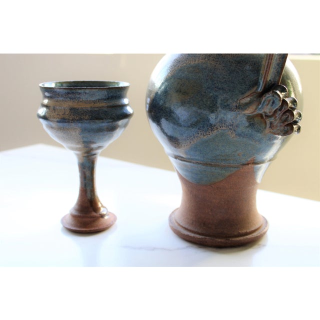 Mid 20th Century MCM Art Pottery Sangria Carafe Pitcher and Goblets- Set of 8 For Sale - Image 5 of 7