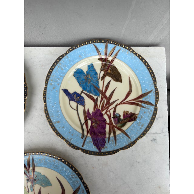 Rare 19th Century Set of 5 Porcelain Leaves & Birds Plates. Rare colors and pattern.