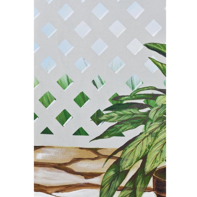 Wood Vintage 1970s Large Green and White House Plant Painting by DeLongprie For Sale - Image 7 of 11