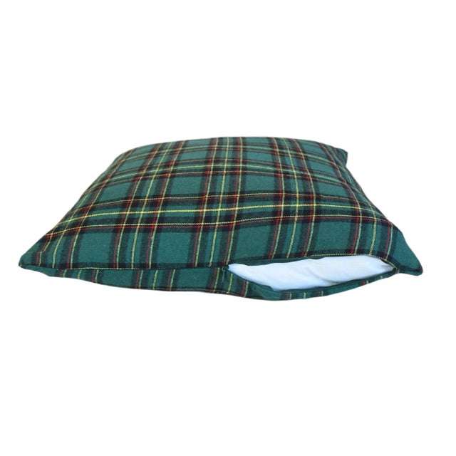 Green Woven English Plaid Tartan Feather/Down Pillow 20” Square For Sale In Los Angeles - Image 6 of 6