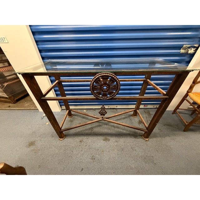 Vintage Brass & Glass Console Table – Ornate Metal Base With Floral Medallion Detail For Sale - Image 9 of 10