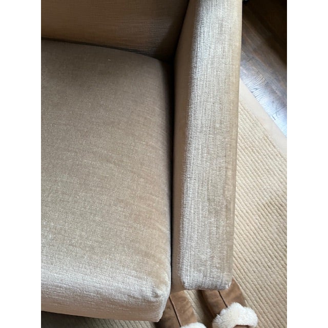 Taupe Vintage Wingback Lounge Chair and Custom Ottoman Reupholstered in Pollack Fabric For Sale - Image 8 of 11