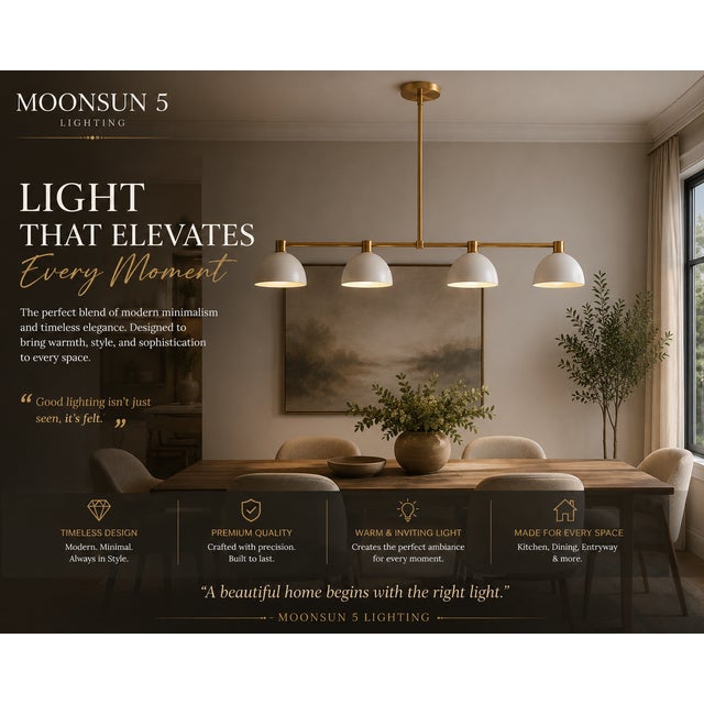 Modern Linear Chandelier 4 Light, Matte Off White Dome Pendant Light Brass Dining Room Fixture, Kitchen Island Lighting, Minimalist Light For Sale - Image 11 of 12