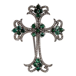 Antique-Style Silver Cross Brooch Cum Pendant With Emeralds & Diamonds For Sale