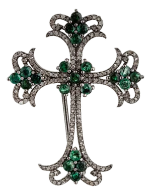 Antique-Style Silver Cross Brooch Cum Pendant With Emeralds & Diamonds