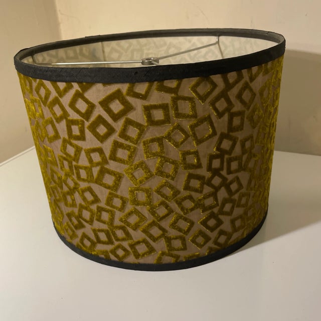 Funky custom retro mid century modern hardback drum lampshade with nickel hardware. Flocked olive green velvet cube design...
