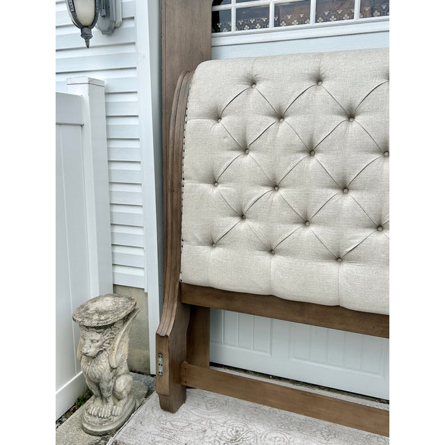 Wood Wood King Sleigh Bed Vintage Transitional Style Tufted Upholstered Linen Taupe For Sale - Image 7 of 15