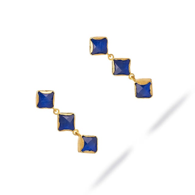 Modern Midnight Blue Cat Eye Gold Earrings, A Pair For Sale - Image 3 of 8