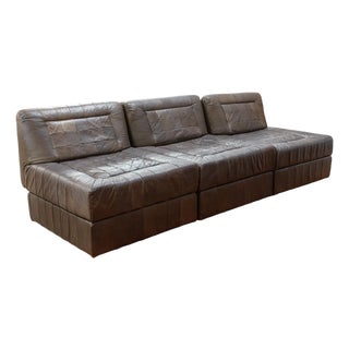 Vintage 1960s Percival Lafer Mp145 Modular Brown Leather 3pc Sectional Sofa For Sale