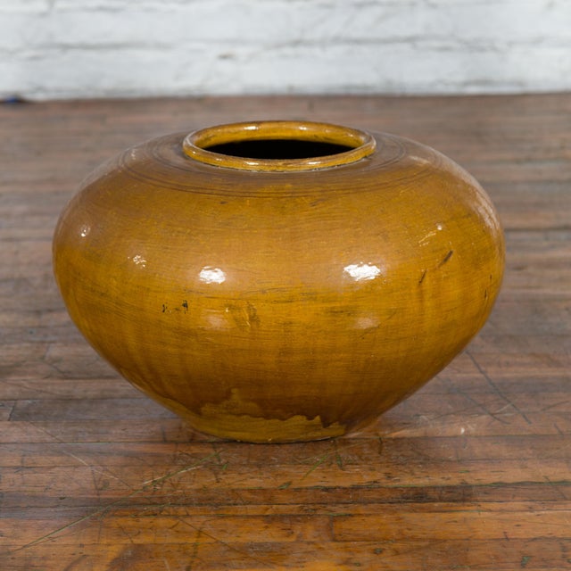 A large Chinese vintage porcelain low squat planter from the 20th century, with mustard color glaze and generous, tapering...