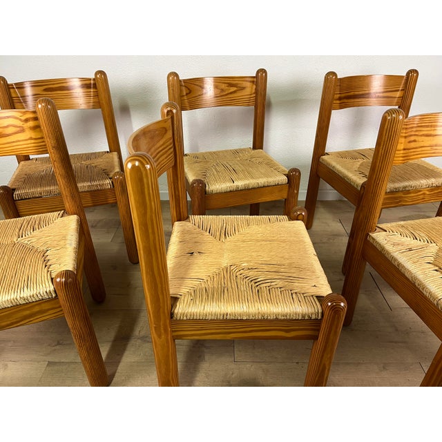 Brown Vintage Oak and Straw Chairs by Charlotte Perriand, 1960s, Set of 6 For Sale - Image 8 of 9