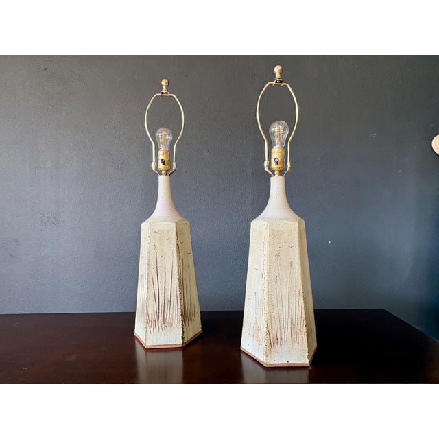 Contemporary 1970s Organic Modern Table Lamps in Stoneware & Brass - a Pair For Sale - Image 3 of 17