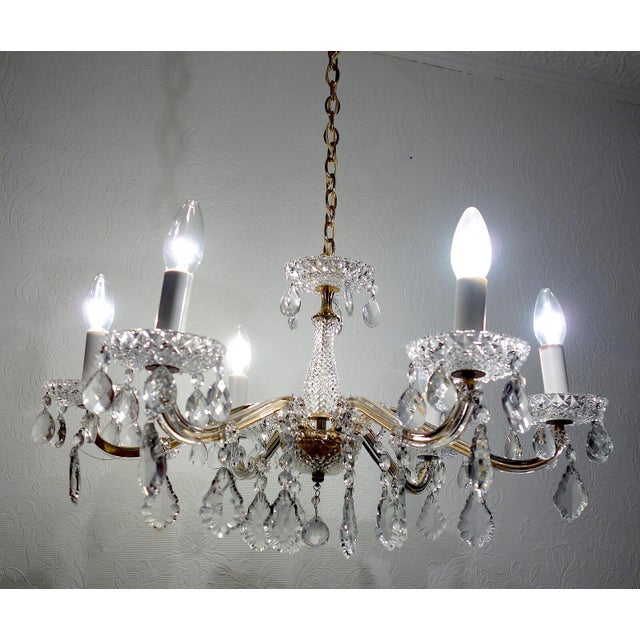 Gold Brass Lead Crystal Chandelier Six Lights from Palwa & Walter, 1960s For Sale - Image 8 of 9