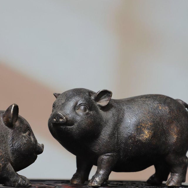Black Vintage Pair of Gilt Bronze Pig Figures - Chinese Zodiac Sculptures For Sale - Image 8 of 9