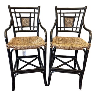Pair of Hollywood Regency Chinoiserie Black Bamboo Arm Barstools For Sale