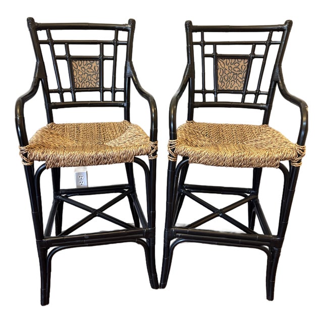 Pair of Hollywood Regency Chinoiserie Black Bamboo Arm Barstools For Sale