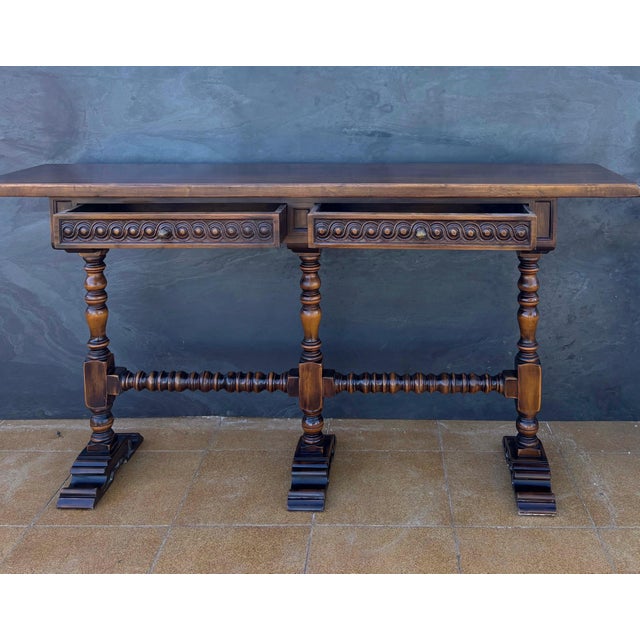 Spanish Carved Wood Console Table With Two Drawers Signed by Valenti For Sale - Image 11 of 16