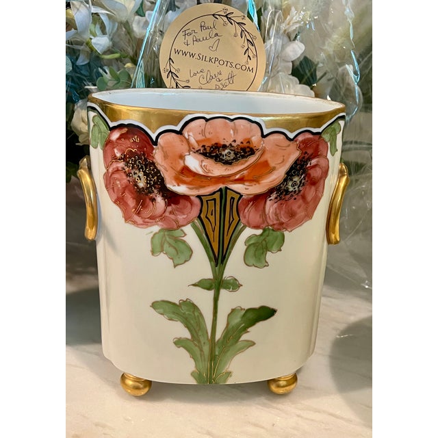French Deco Poppy Motif French Limoges Vase With Bright Array of Faux Florals For Sale - Image 3 of 3